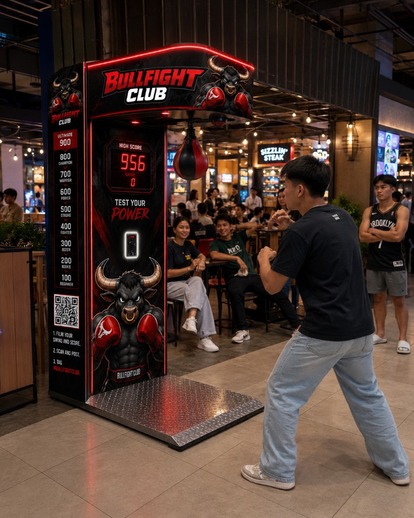 A player squaring up at a Bullfight Club machine in a mall