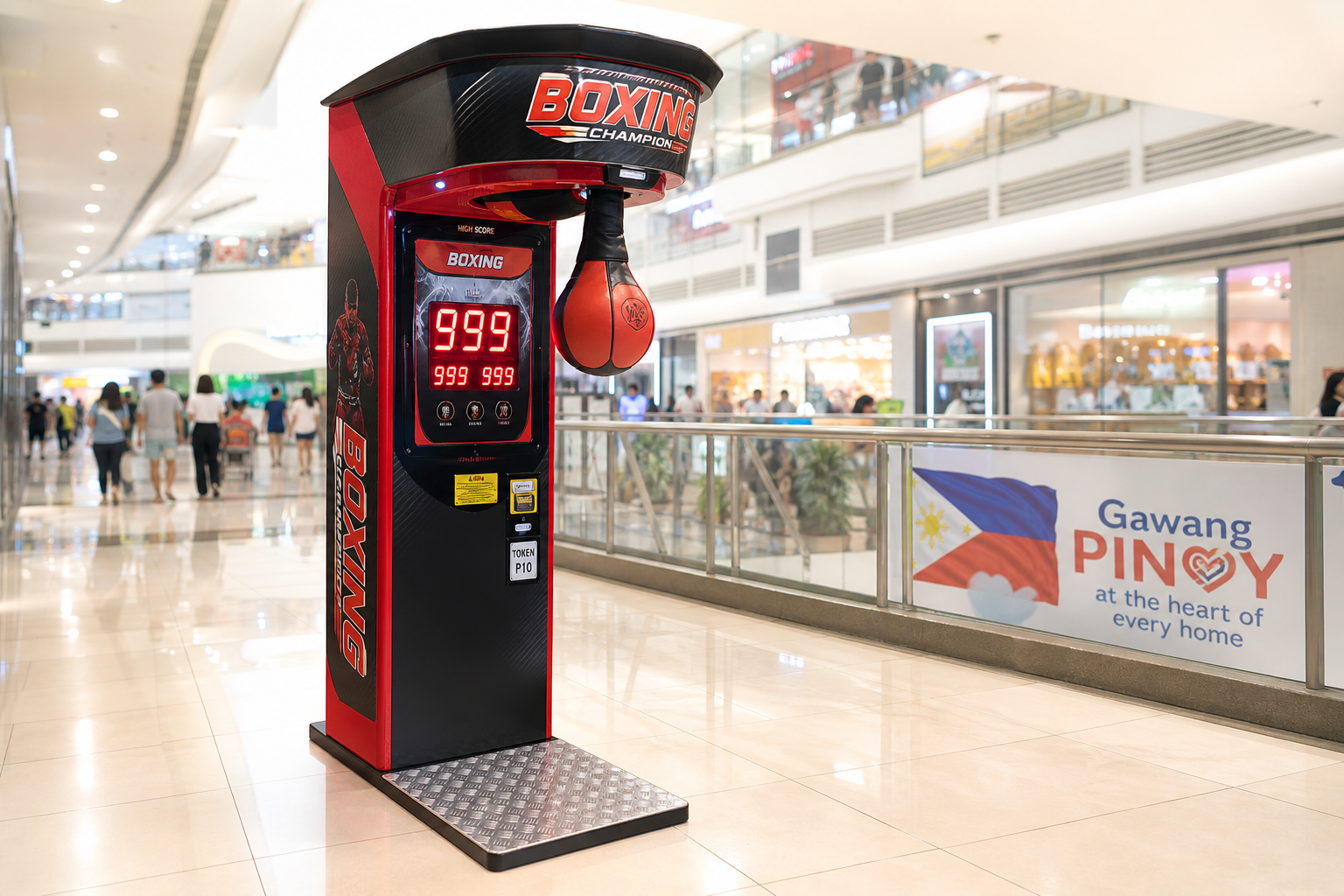A Bullfight Club machine standing in a mall corridor