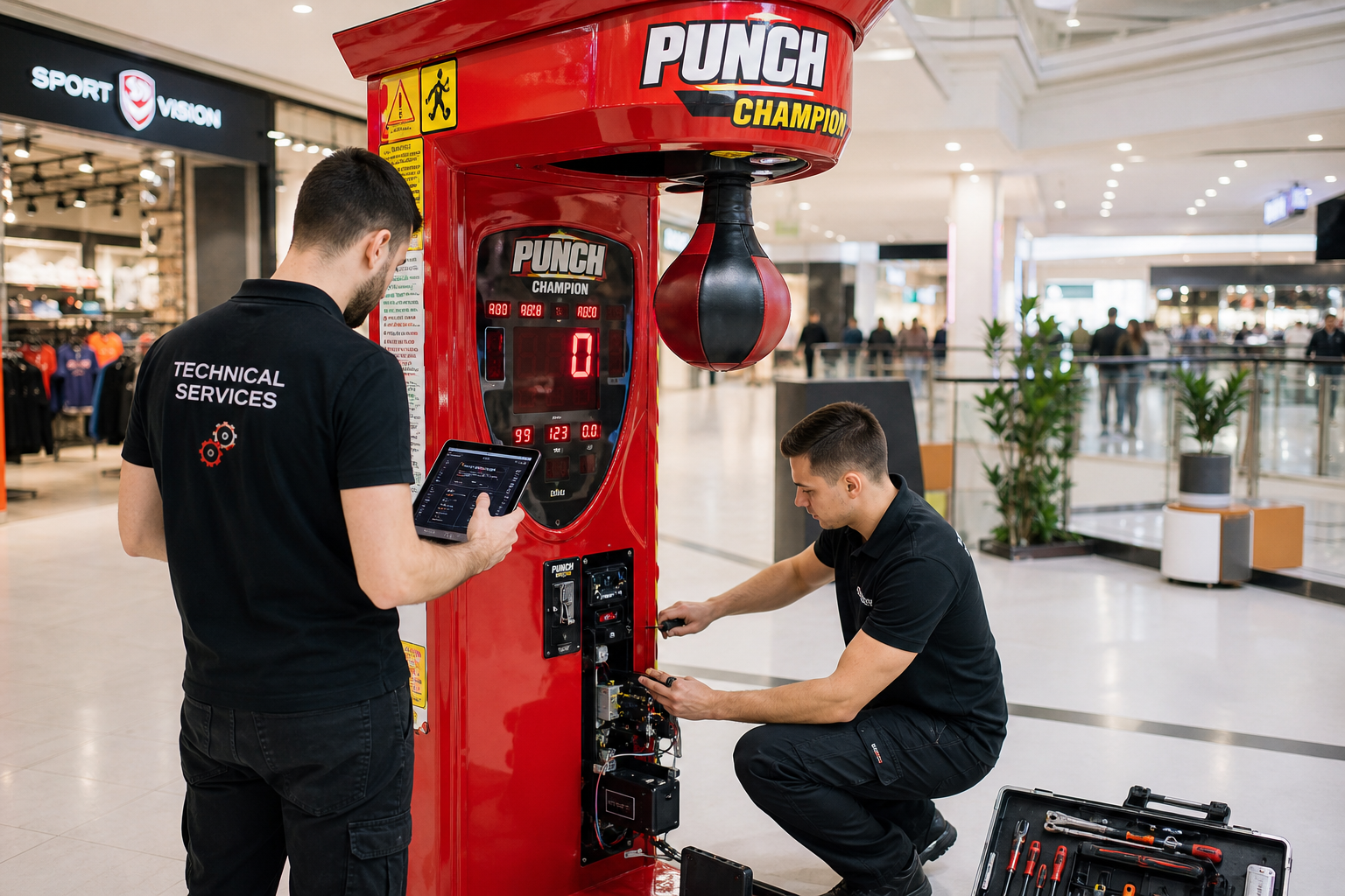 Bullfight Club technicians installing a machine at a venue